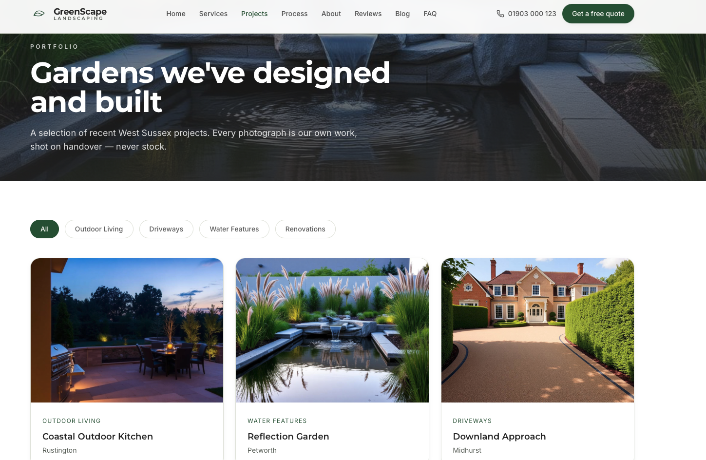 Landscaping & Garden Design concept — Filterable project portfolio, grouped by outdoor living, driveways and water features