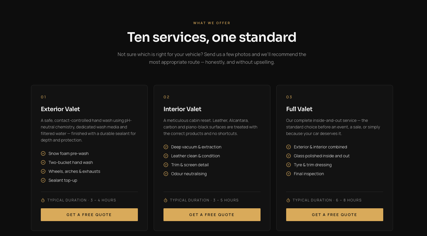 Apex Valeting concept — Service tiers presented as cards with inclusions and typical duration