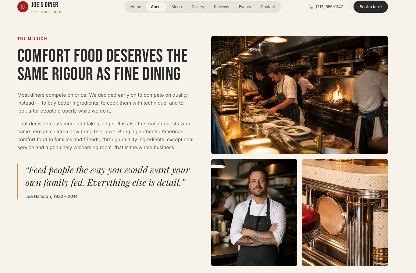 Joe's Diner concept — Kitchen and founder story section, built to justify the price point