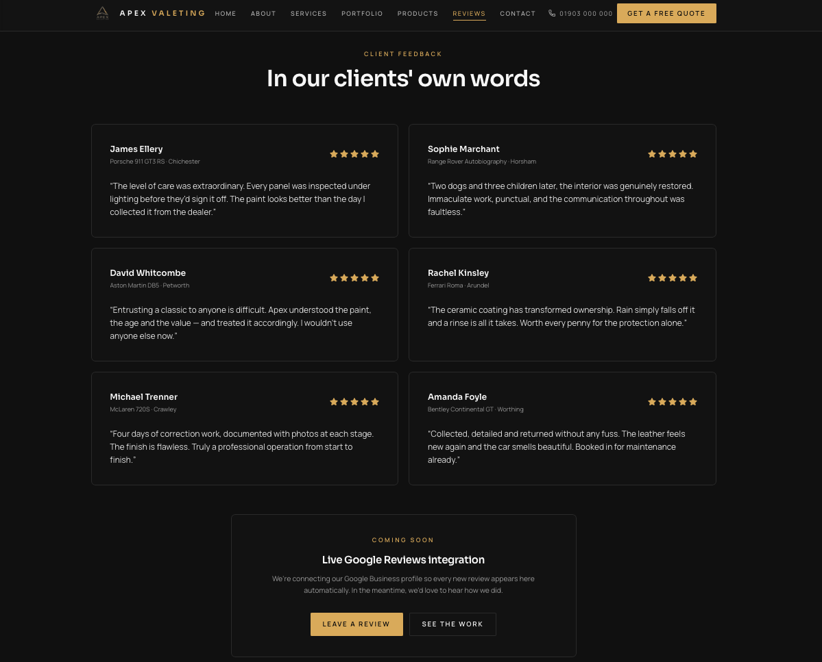 Apex Valeting concept — Client feedback laid out as a review grid, with live Google Reviews queued in
