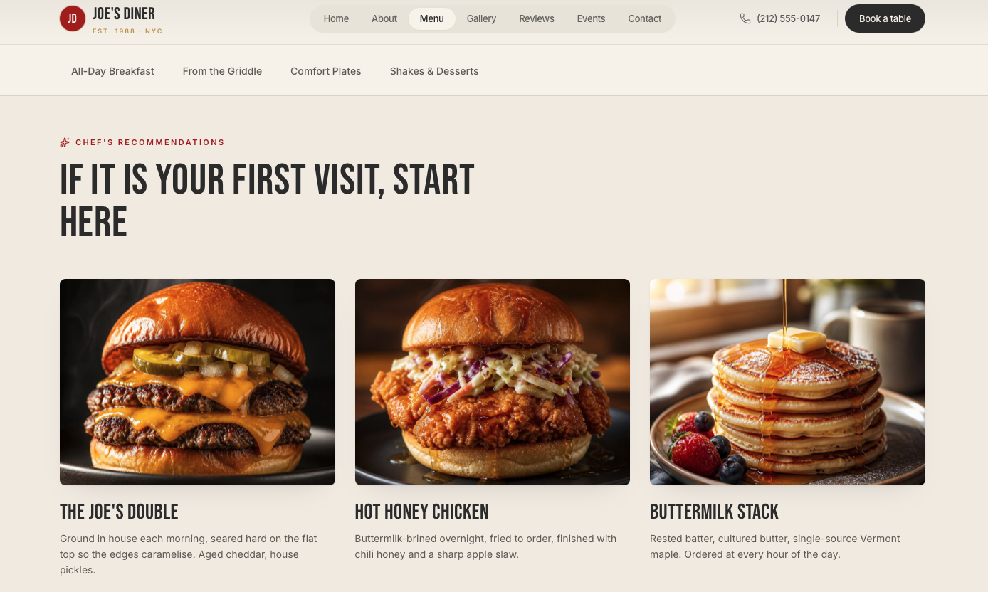 Joe's Diner concept — Menu section with chef's recommendations and full-width food photography