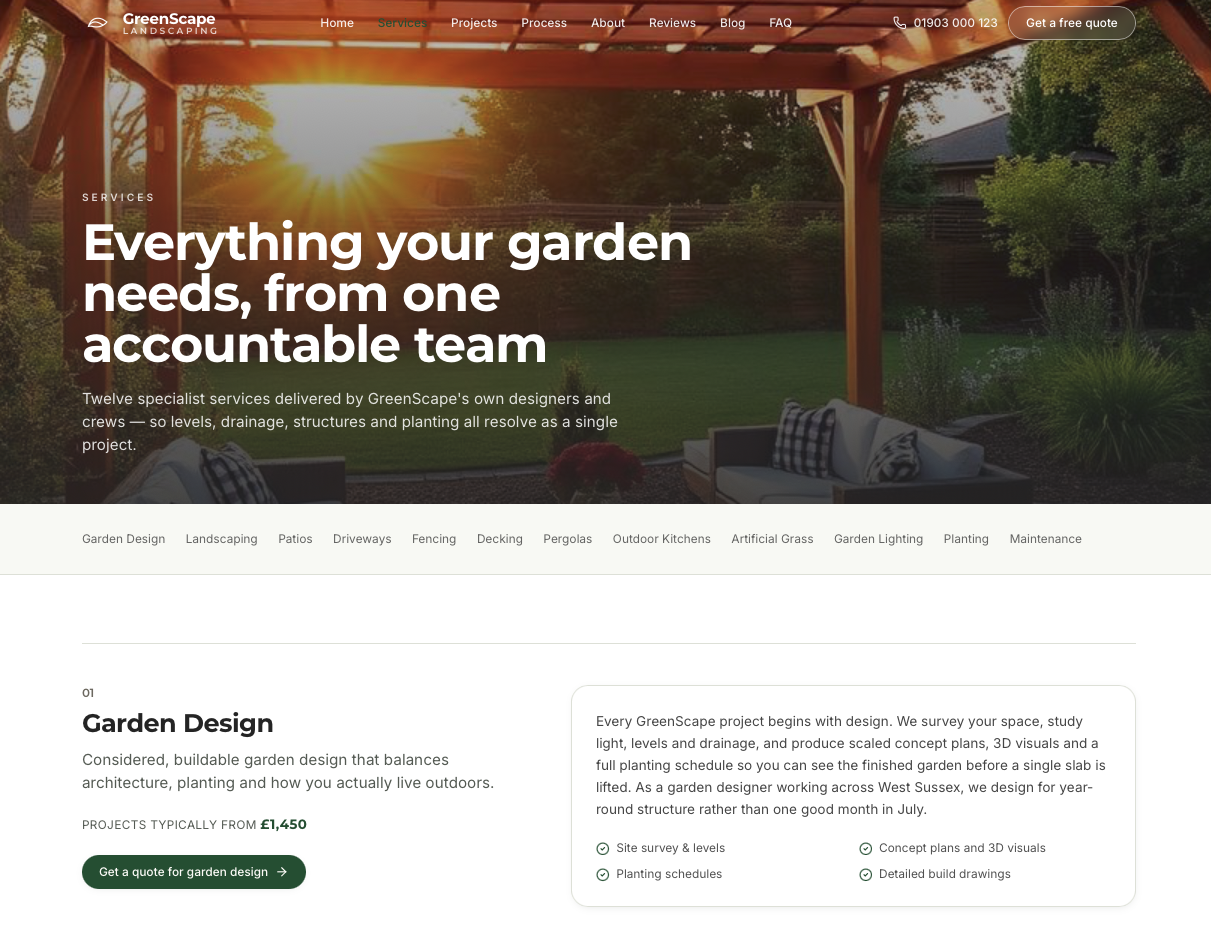 Landscaping & Garden Design concept — Twelve specialist services laid out with indicative pricing and inclusions