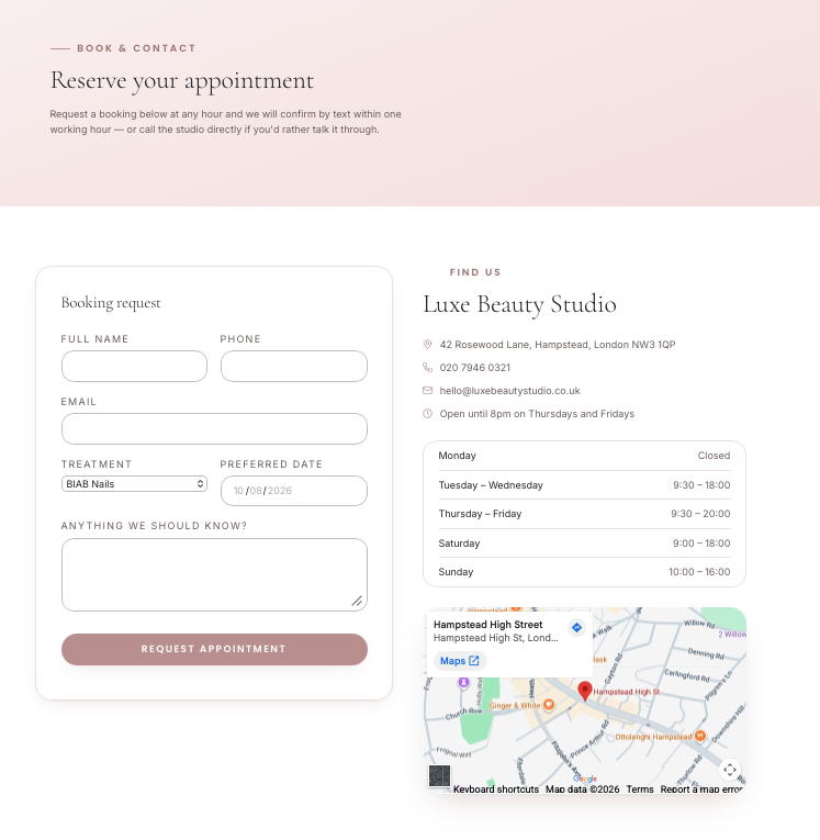 Beauty & Nail Salon concept — Closing booking section and footer, with gift vouchers, opening hours and contact detail