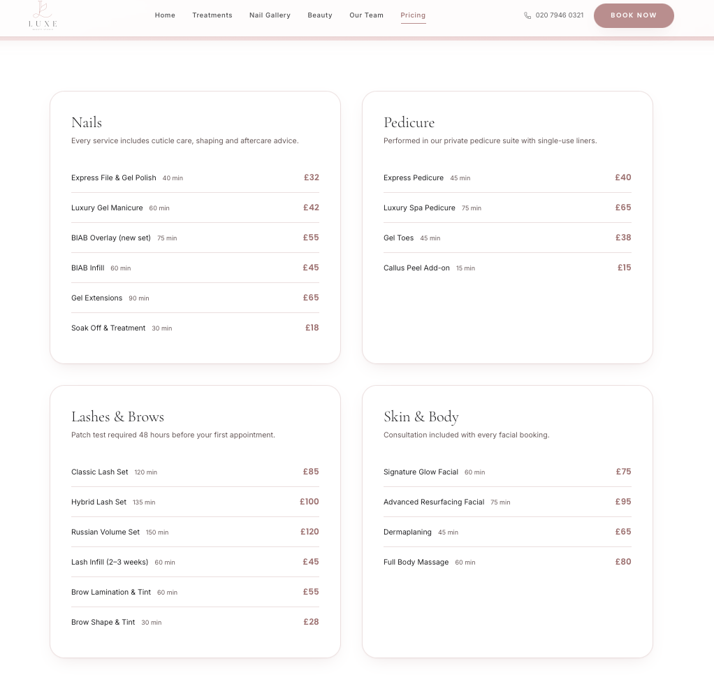 Beauty & Nail Salon concept — Transparent price list, grouped by treatment type with duration alongside every price
